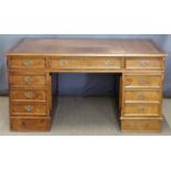 Burr wood or similar twin pedestal desk with leather inset top W154 x D92 x H79cm