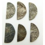 Hammered silver six cut half pennies, 'Henry/Richard or John' short cross examples