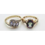 A 9ct gold ring set with mystic topaz and a 9ct gold ring set with amethysts and diamonds, 5.6g