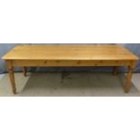Pine kitchen table, L241 x W86 x H77cm together with four Windsor chairs