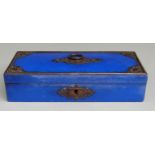 Victorian blue lacquer or similar glove box with decorative metal fittings, suspension loop and key.