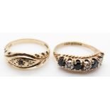 A 9ct gold ring set with a sapphire and diamonds and a 9ct gold half eternity ring set with