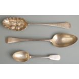 Three hallmarked silver spoons comprising Georgian table spoon, London 1806 maker's mark IB,