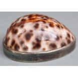 18th century old Sheffield plate mounted cowrie shell snuff box, with engraved decoration and part