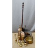 Copper coal scuttle, warming pan etc