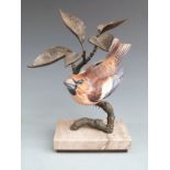 Albany Fine China, Worcester bronze and porcelain figure of a Hawfinch raised on a marble base, H
