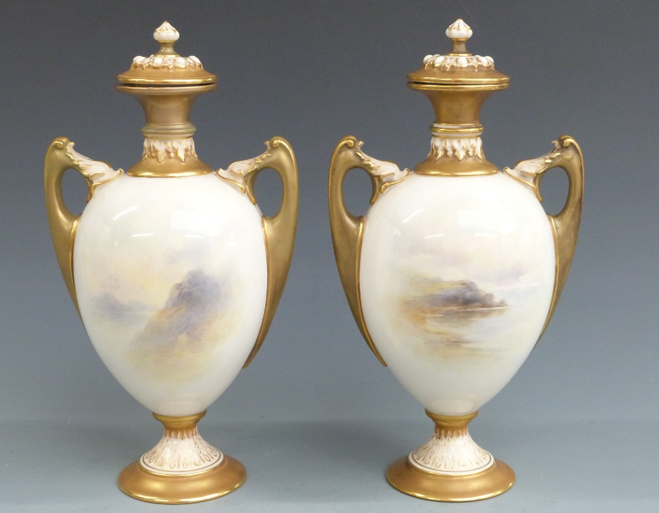 Royal Worcester pair of pedestal twin handled covered vases decorated with Highland cattle in - Image 2 of 5