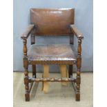 19th or early 20thC leather upholstered oak armchair