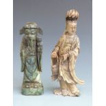 Two carved Chinese carved soapstone figures including Guanyin, H26cm