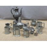 Quantity of 19th century and later pewter and other metalware including teapot
