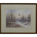 B Hobson watercolour 'Over The Lane - Woodcock', game bird in flight above a snowy landscape, signed