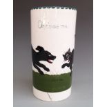 The Bristol Cat and Dog Pottery large cylindrical vase hand painted with a  cat and dog scene