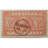 GB 1867 SG137 £5 orange, white paper, fine used with Glasgow circular date stamp