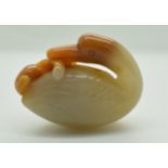 Chinese hardstone carving of a swan holding fruit in it's bill 5.5cm long