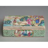 A 19thC Chinese Canton famille rose scholar's/ scribe's box with figural court scene decoration,