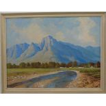 Hugh Stevenson (South African 1910-1956) oil on board river with farm and mountains beyond, signed