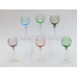 Harlequin set of six coloured cut hock glasses, 19cm tall
