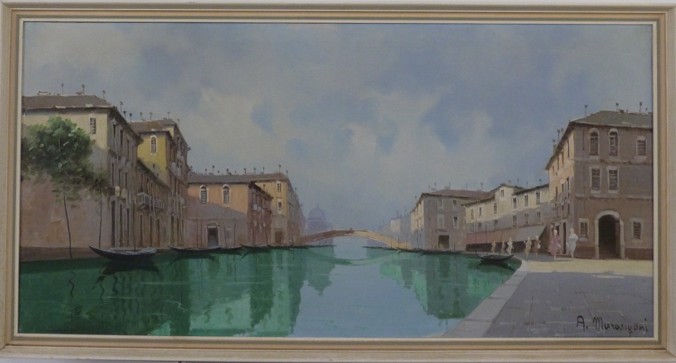 Aldo Muranigoni large oil on canvas Venetian canal scene, signed lower right, 60 x 120cm