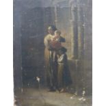 Oil on canvas lady and her two children sheltering in a doorway, monogrammed and dated possibly M