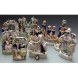 Nine 19thC Staffordshire figures including flatback examples, gondolas, Scottish themes etc, tallest