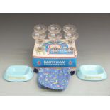 Set of six Babycham glasses in presentation box, Vagabond Babycham bag and two branded ashtrays