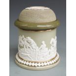 Carltonware combination tobacco jar/striker, relief decorated with a hunting scene, with inner lid