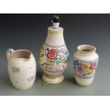 Poole Pottery lamp, vase and jug, tallest 40cm
