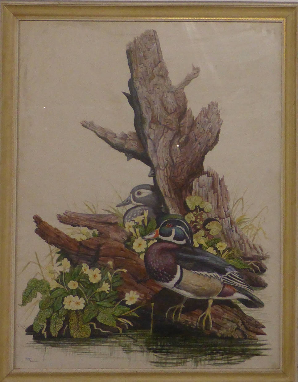 Robert Davison watercolour pair of ducks perched on the stump of a dead tree above water, signed