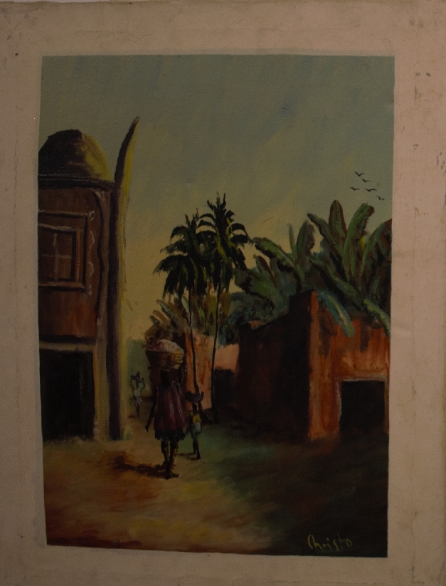 Five African oil on canvas portraits of tribal people and a further example depicting a village - Image 19 of 22