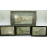 Four Chinese engraved white metal pictures of lake scenes, largest 7x15cm