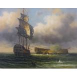 James Hardy (late 20thC) acrylic on panel galleons at war, one missing its masts, signed lower right