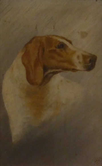 A 19thC oil on board of a hound or similar dog, initialled lower right EHC, 22 x 14cm - Image 2 of 5