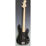 Fender Precision electric bass guitar in black lacquered finish, fitted with Hipshot tuning pegs, no