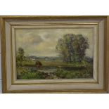 John Rathbone Harvey (1862-1933) pair of oils of pastoral landscapes, both signed lower left, 17 x