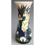 Moorcroft signed pedestal vase decorated with bulrushes and water lilies, dated 1995, boxed, H21cm