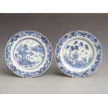 Two 19thC Chinese export plates decorated with a seascape/fishing scene and another with figures