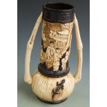 Bretby pottery twin handled chinoiserie vase with faux bamboo handles and applied lizard decoration,