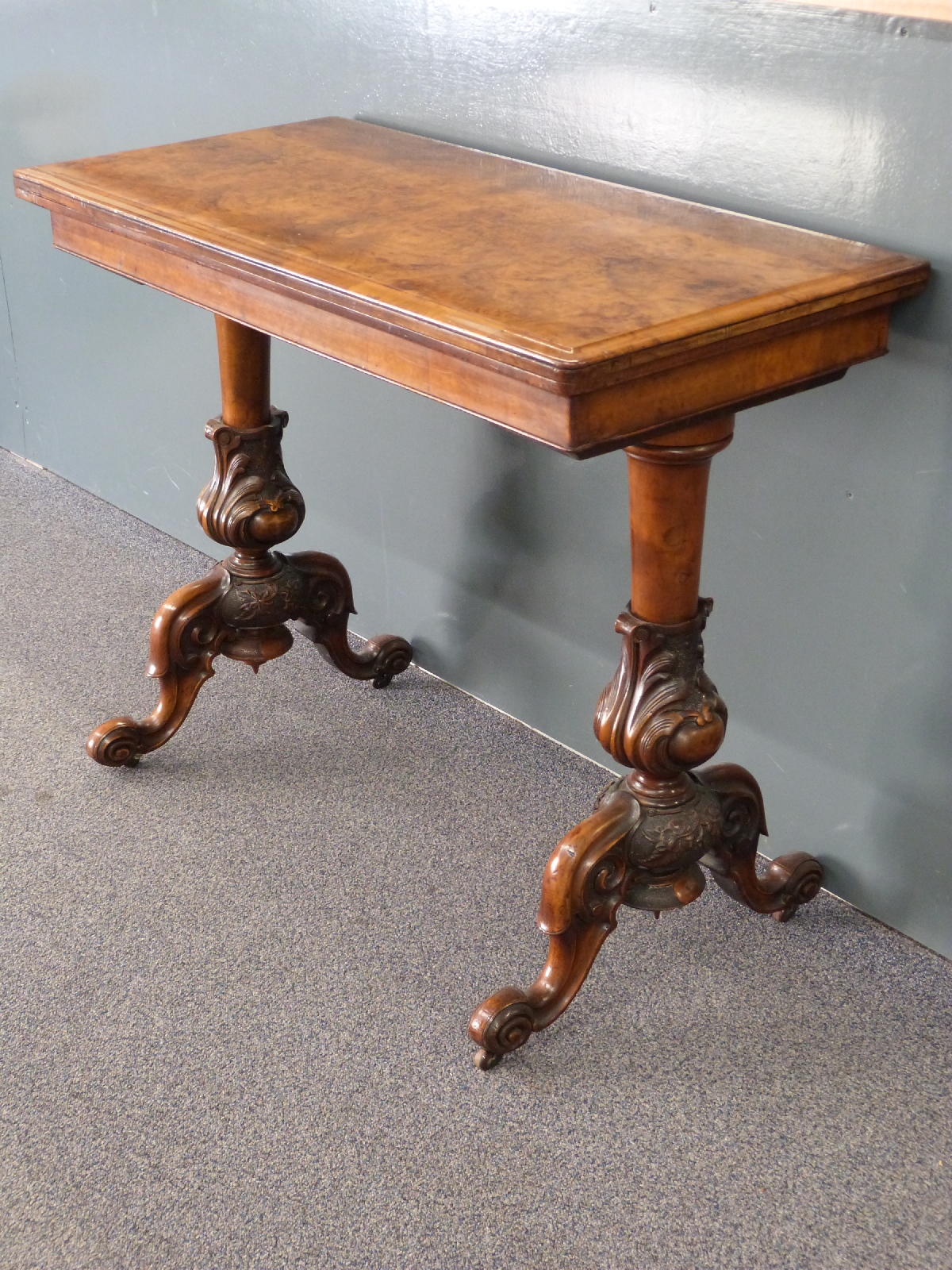 19th century burr walnut fold over games table raised on carved legs with octagonal columns, size - Image 2 of 5