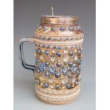 Doulton Lambeth tankard style jug with hallmarked silver hinged lid, H19cm