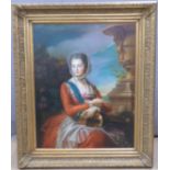 Oleograph on canvas lady with Hurdy Gurdy, in ornate gilt frame, overall size 96 x 81cm