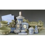 Wedgwood Jasperware twin handled Campana shaped lamp, clocks and other ceramics, tallest 34cm