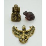 Two brass Oriental models and a glass frog