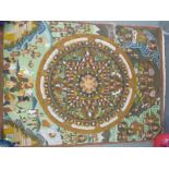 Tibetan Mandala with central concentric circle with many figures and central temple musicians etc,