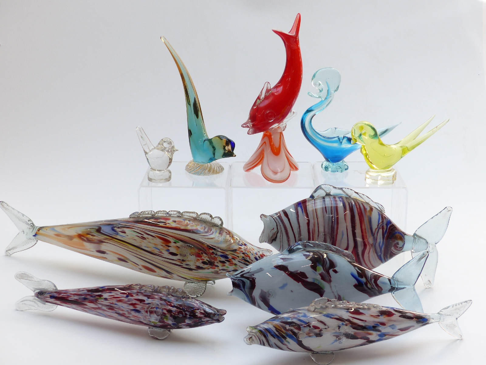 Ten Murano style glass fish and birds with one bird by Liskeard Glass, largest 51cm long
