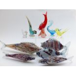 Ten Murano style glass fish and birds with one bird by Liskeard Glass, largest 51cm long