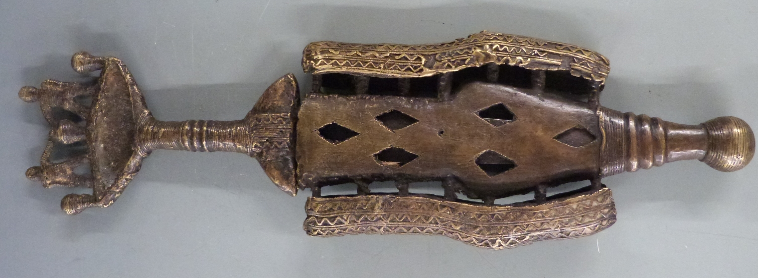 African, Ashanti/Benin ceremonial brass figural dagger in sheath, L48cm - Image 2 of 5