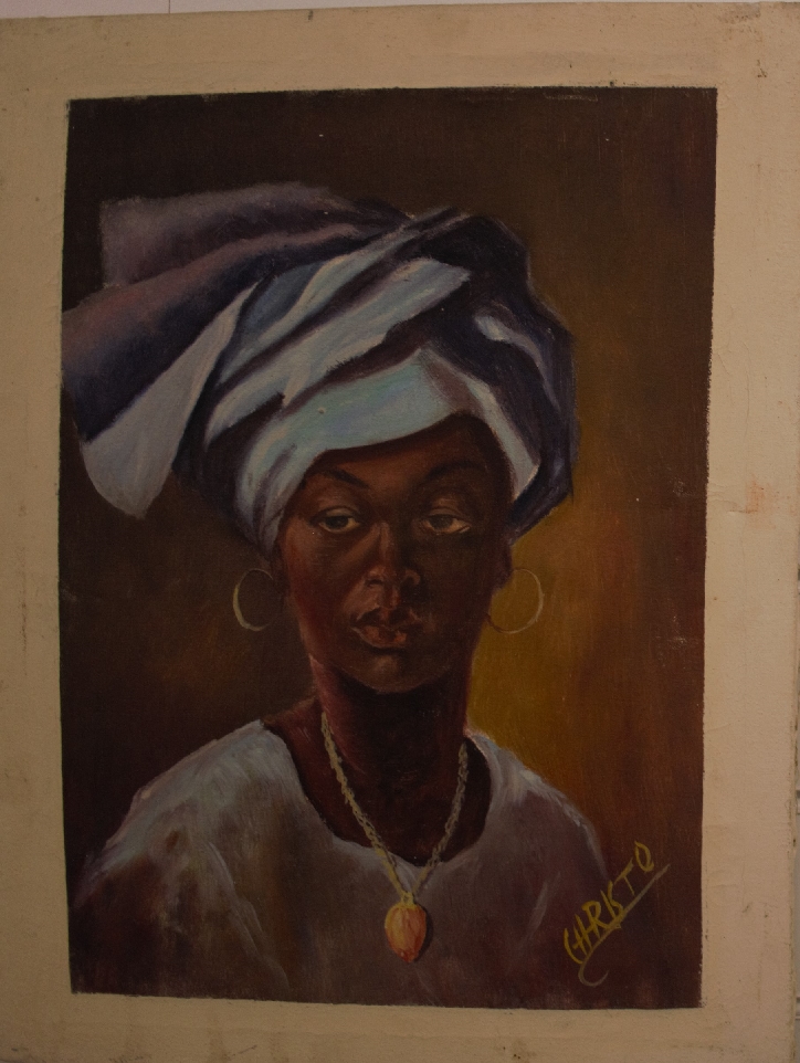 Five African oil on canvas portraits of tribal people and a further example depicting a village - Image 12 of 22