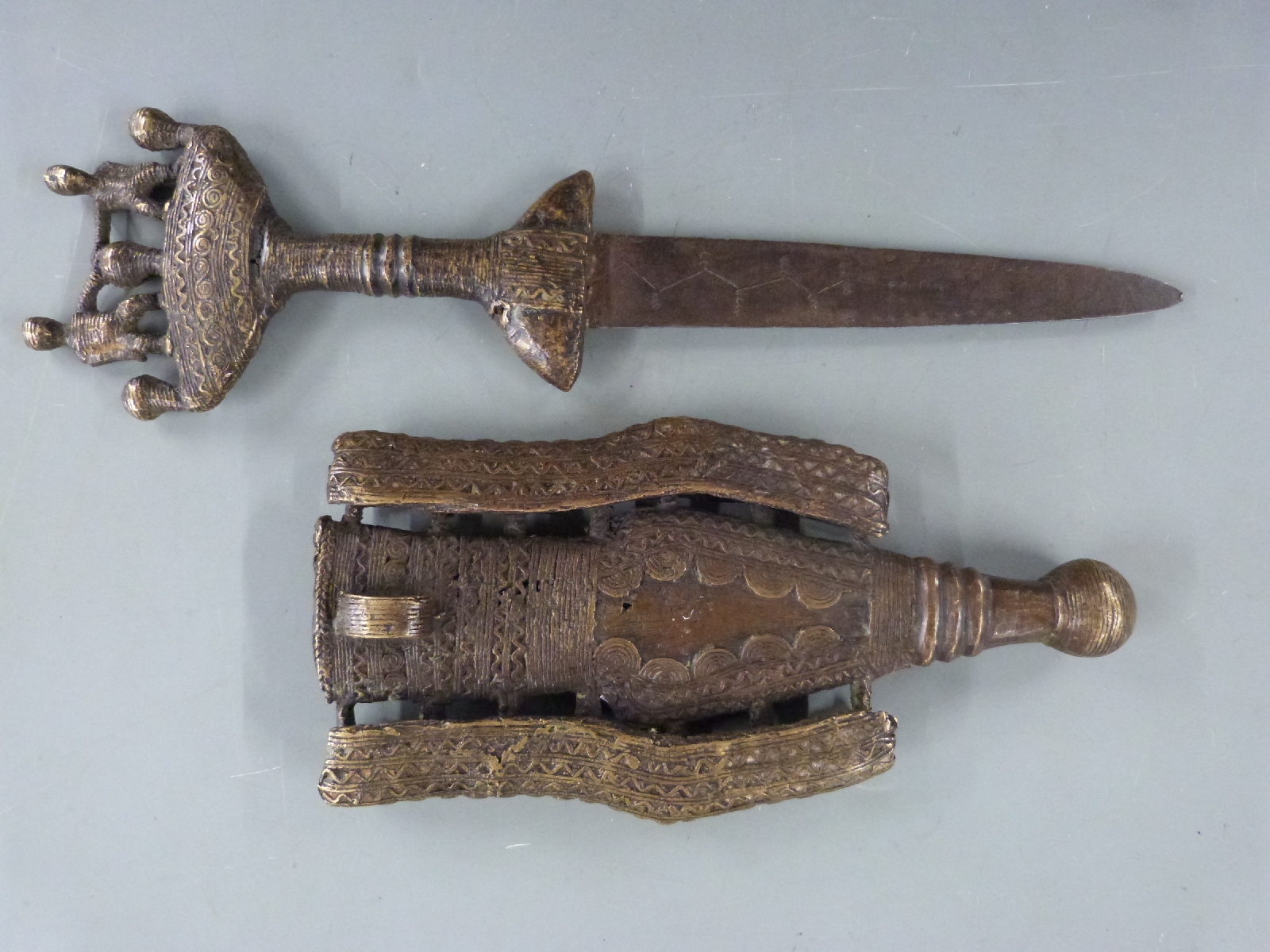 African, Ashanti/Benin ceremonial brass figural dagger in sheath, L48cm - Image 3 of 5