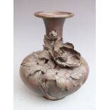 Japanese bronze vase with applied flower decoration and impressed signature to base, H23cm