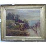 Dixon Clark (Exhibited 1880-1902) oil on canvas 'The Watering Place', cattle with cottage beyond, in